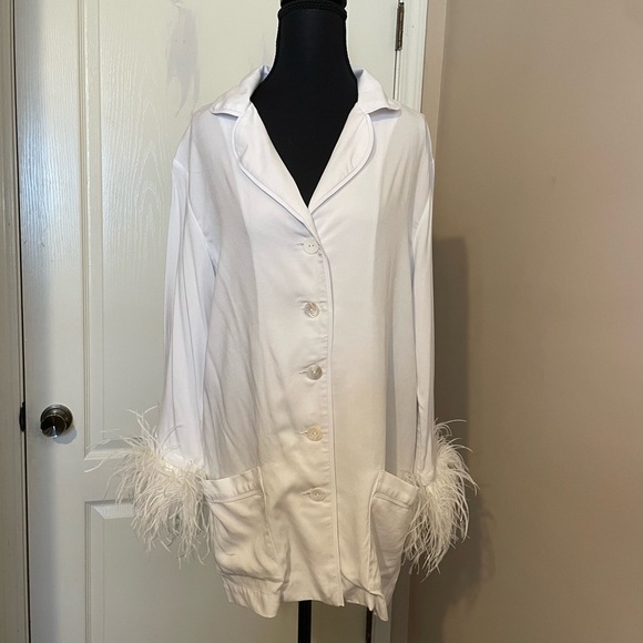Sleeper Luxury Pajama Top Women’s Size S White Ostrich Feather-Trim Sleepwear - Picture 2 of 10